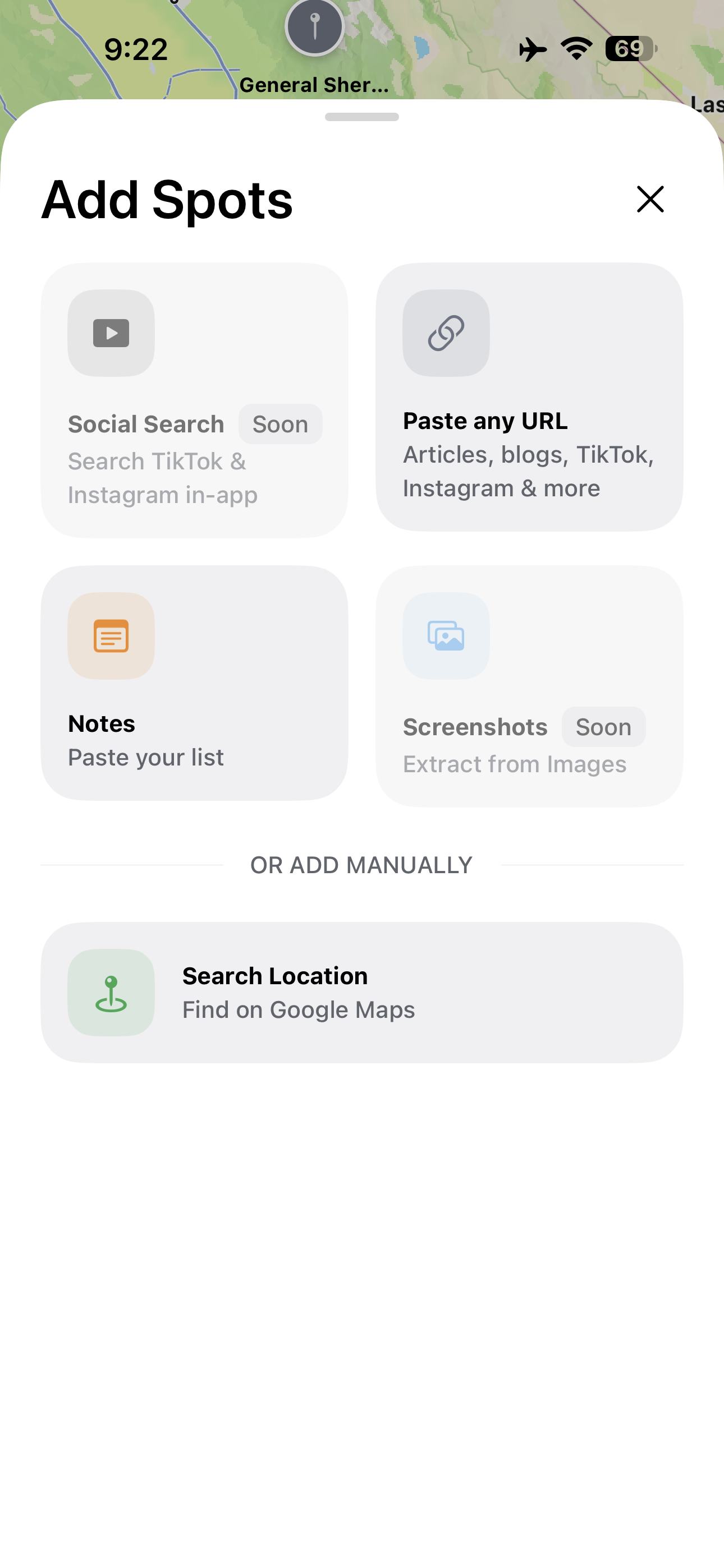 Wayfolio Add Spots screen with options to paste a URL, import from Notes, or search Google Maps
