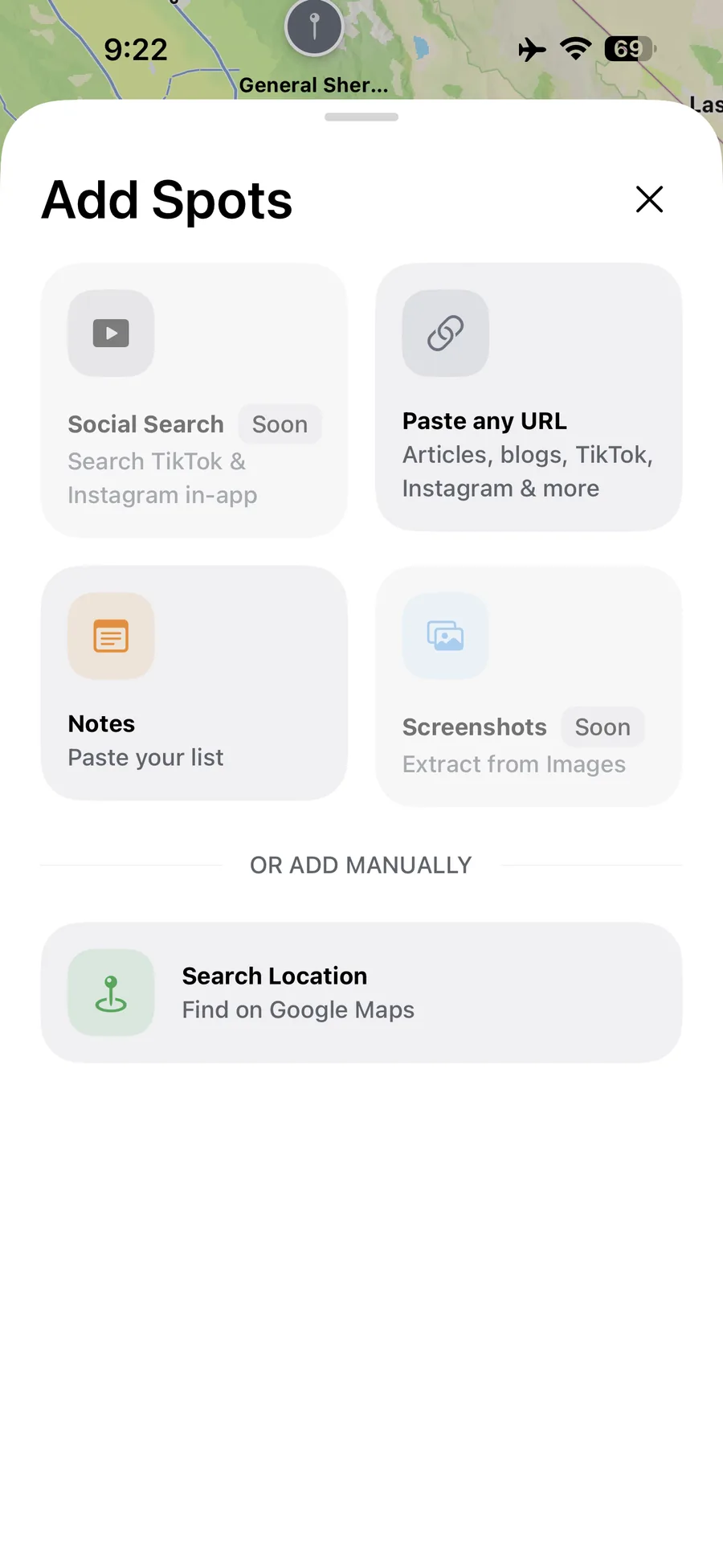 Wayfolio Add Spots screen with URL, Notes, screenshots, and search location options