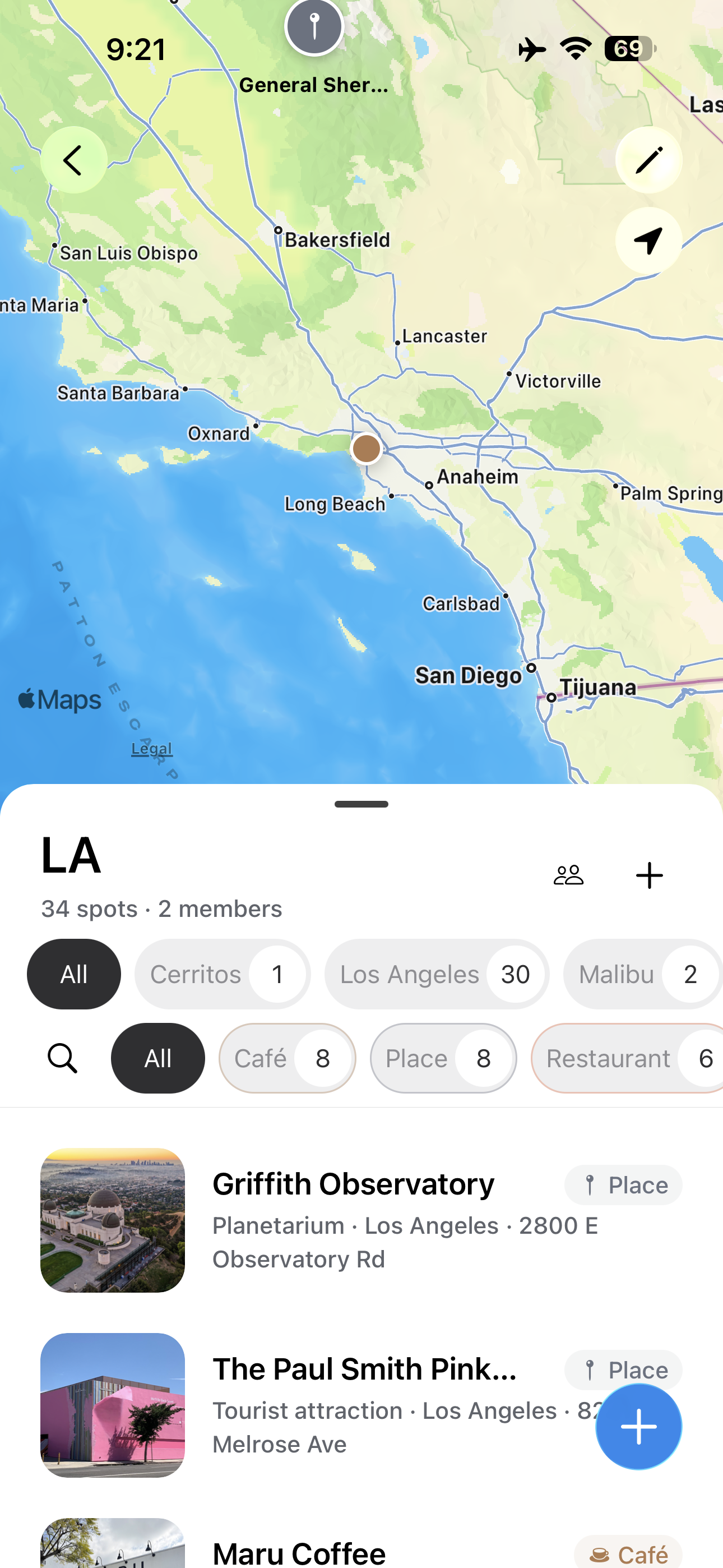 A shared Wayfolio collection named LA with 34 spots and 2 members, filtered by city and category