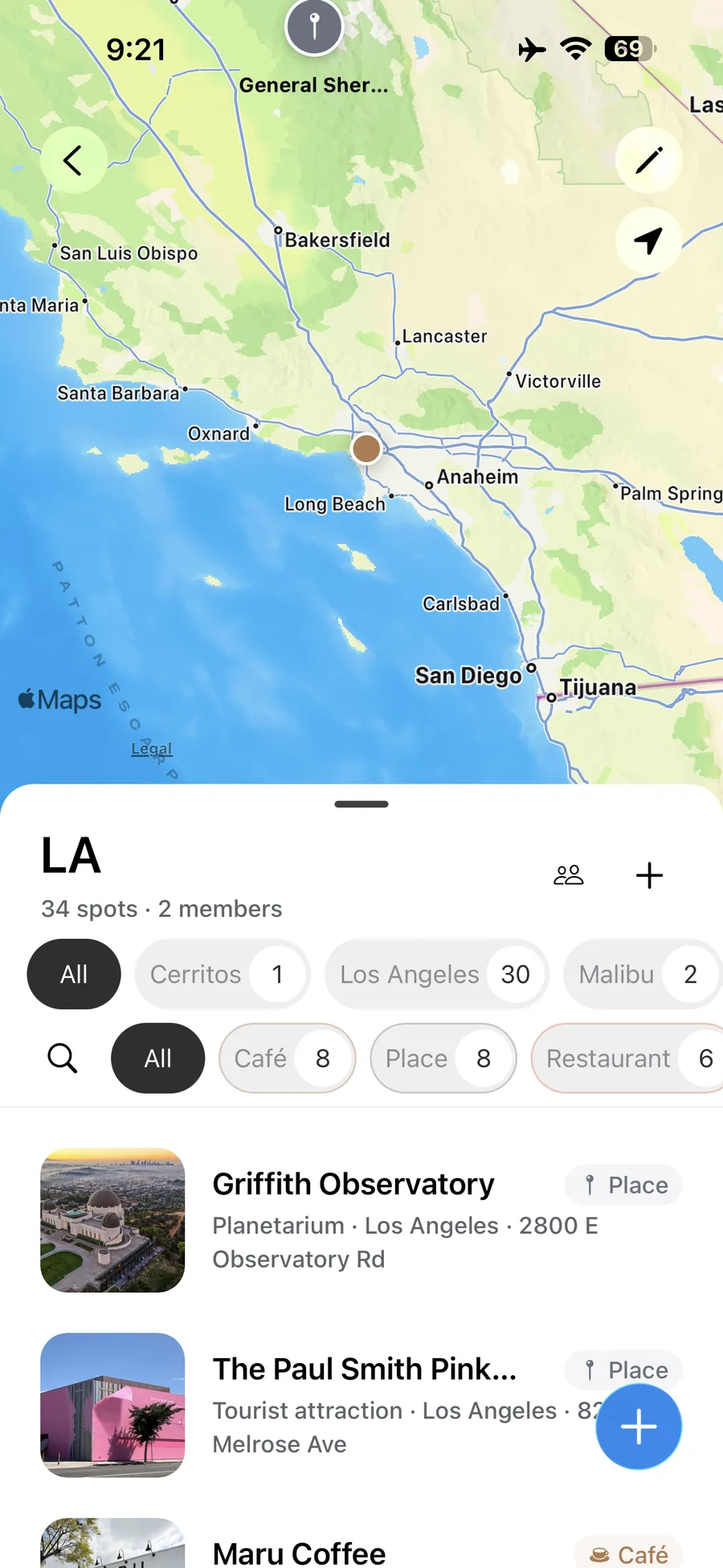 Wayfolio shared LA collection with city filters, category filters, members, and saved places