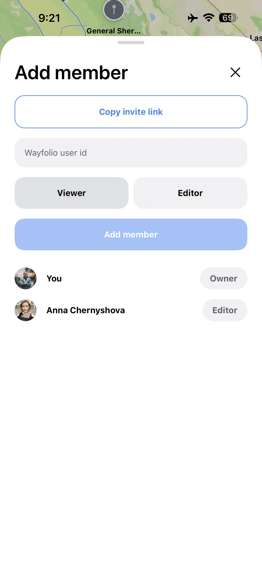 Wayfolio Add member screen with invite link, viewer and editor controls, and list members