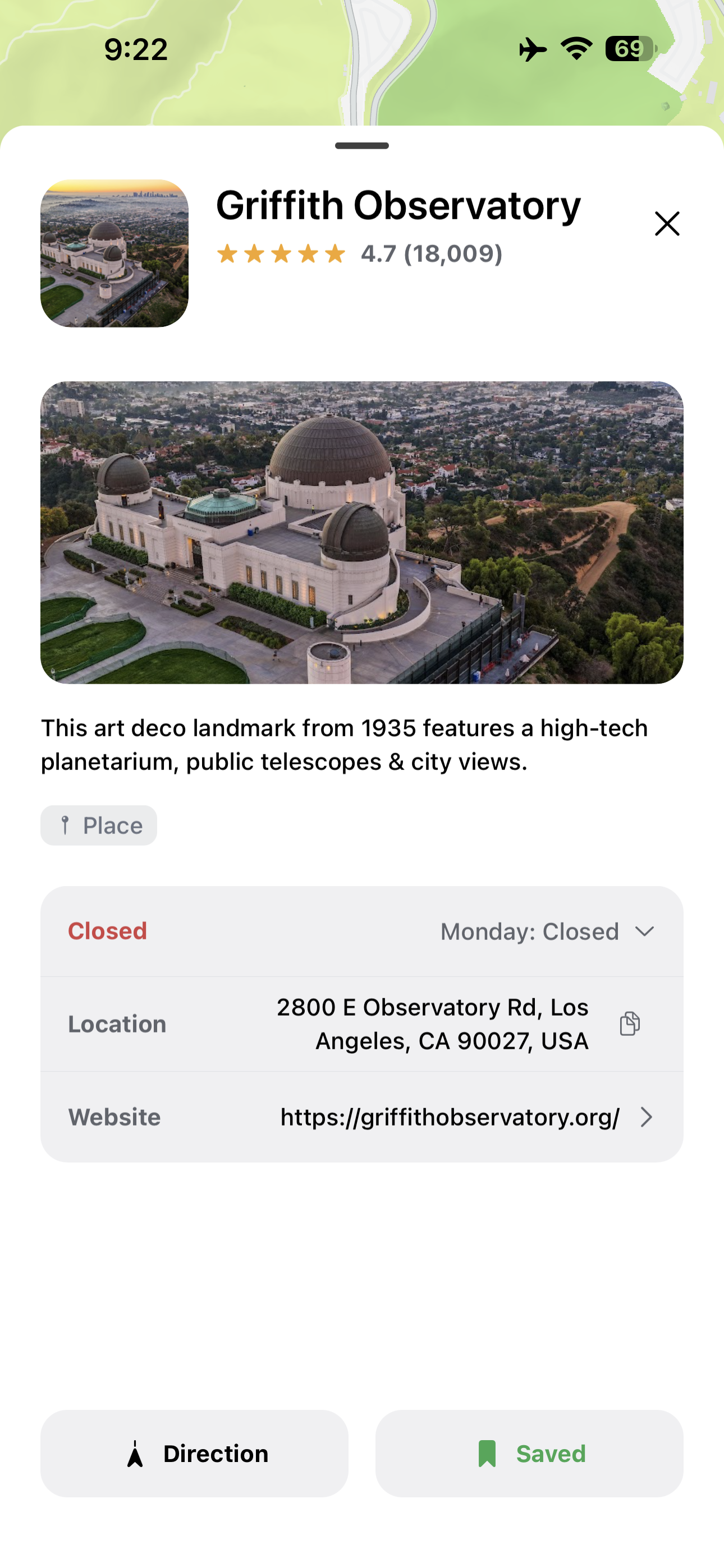 Wayfolio place card for Griffith Observatory with rating, photo, hours, address and website